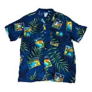 Cherokee Waikiki Wear Mens Large Hawaiian Shirt Postcard‎ Europe Navy Blue